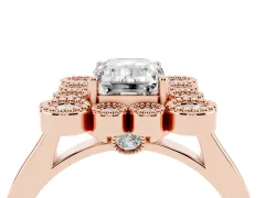 Emerald Cut Diamond Cluster Halo Ring Set in Rose gold with Milgrain Bezel Accents and Plain Band