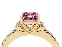 Fancy Pink Emerald Cut Diamond Three-Stone Pavé Ring Set in Yellow gold with Prong Setting
