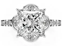 Princess Cut Diamond Solitaire Ring Set in Platinum with Pavé Band and Floral Prong Setting
