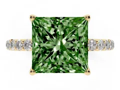 Fancy Green Princess Cut Diamond Solitaire Engagement Ring Set in Yellow gold with Round Pavé Band and Prong Setting