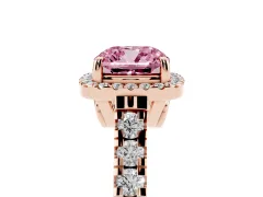 Fancy Pink Cushion Cut Diamond Halo Engagement Ring Set in Rose gold with Pavé Band and Prong-Set Center