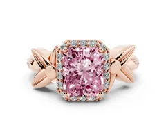 Fancy Pink Radiant Cut Diamond Halo Floral Band Ring Set in Rose gold with Prong Setting