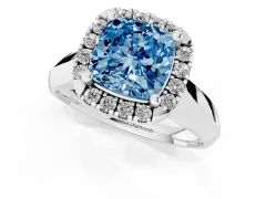 Fancy Blue Cushion Cut Diamond Halo Solitaire Engagement Ring Set in Platinum with Square Band and Prong Setting