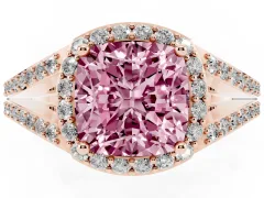 Fancy Pink Cushion Cut Diamond Halo Split Shank Pavé Ring Set in Rose gold with Prong Setting