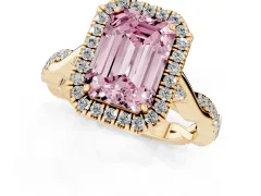 Fancy Pink Emerald Cut Diamond Halo Twist Band Solitaire Ring Set in Yellow gold with Prong Setting