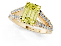 Fancy Yellow Emerald Cut Diamond Split Shank Pavé Engagement Ring Set in Yellow gold with Prong-Held Center Stone