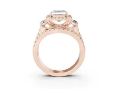 Asscher Cut Diamond Halo Split Shank Ring Set in Rose gold with Round Accent Stones and Prong Setting