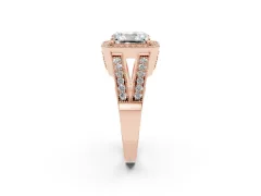Radiant Cut Diamond Halo Ring Set in Rose gold with Stone-Set Split Shank and Milgrain Edges