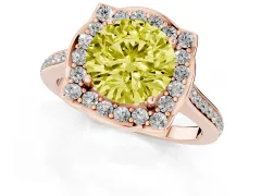 Fancy Yellow Round Cut Diamond Halo Ring Set in Rose gold with Pavé-Lined Shoulders and Prong Setting