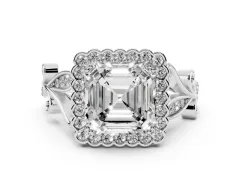 Asscher Cut Diamond Halo Ring Set in Silver with Leaf Motif Split Shank and Prong Setting