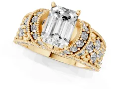 Emerald Cut Diamond Milgrain Halo Pavé Engagement Ring Set in Yellow gold with Prong Setting