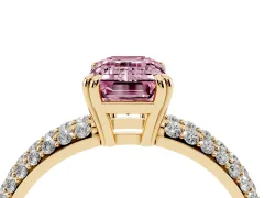 Fancy Pink Emerald Cut Diamond Solitaire Ring Set in Yellow gold with Multi-Row Round Pavé Band and Prong Setting