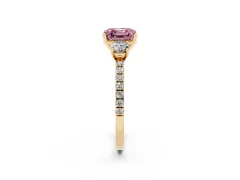 Fancy Pink Asscher Cut Diamond Three-Stone Ring Set in Yellow gold with Pavé Band and Graduated Sides