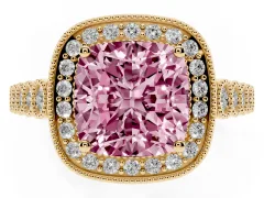 Fancy Pink Cushion Cut Diamond Milgrain Halo Solitaire Ring Set in Yellow gold with Bezel Set Side Stones and Pavé Band