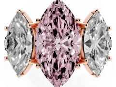 Fancy Pink Marquise Cut Diamond Three-Stone Ring Set in Rose gold with Pavé Band