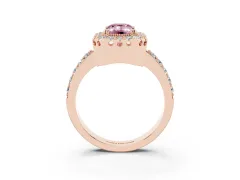 Fancy Pink Emerald Cut Diamond Halo Ring Set in Rose gold with Pavé Shank and Prong Setting