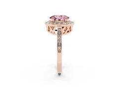 Fancy Pink Oval Cut Diamond Halo Ring Set in Rose gold with Accent-Lined Split Shank and Prong Setting