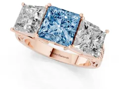 Fancy Blue Princess Cut Diamond Three-Stone Ring Set in Rose gold with Textured Band