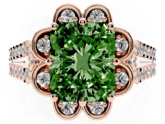 Fancy Green Radiant Cut Diamond Floral Halo Split Shank Engagement Ring Set in Rose gold with Pavé Shank