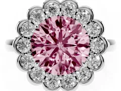 Fancy Pink Round Cut Diamond Halo Cluster Engagement Ring Set in White gold with Solitaire Band and Prong Setting