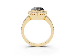 Fancy Black Heart Cut Diamond Halo Ring Set in Yellow gold with Pavé Shank and Prong Setting