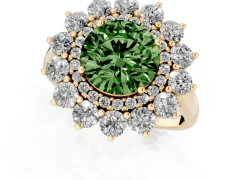 Fancy Green Round Cut Diamond Floral Double Halo Ring Set in Yellow gold with Round Petals