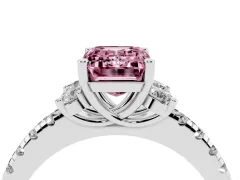 Fancy Pink Emerald Cut Diamond Three-Stone Pavé Ring Set in White gold with Prong Setting