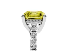 Fancy Yellow Asscher Cut Diamond Solitaire Ring Set in Platinum with Brilliant Pavé Band and Prong Setting