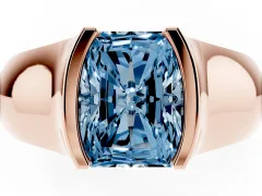 Fancy Blue Radiant Cut Diamond Bezel Solitaire Ring Set in Rose gold with Wide Band