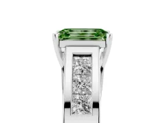 Fancy Green Emerald Cut Diamond Solitaire Ring Set in Silver with Channel-Set Accent Stones and Prong Setting