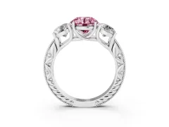 Fancy Pink Round Cut Diamond Three-Stone Engagement Ring Set in White gold with Milgrain Pavé Band