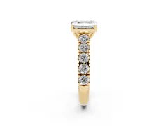 Asscher Cut Diamond Solitaire Ring Set in Yellow gold with Cut-Down Micro Pavé Band and Prong Setting