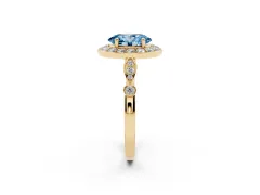 Fancy Blue Oval Cut Diamond Halo Engagement Ring Set in Yellow gold with Twisted Band and Prong Setting