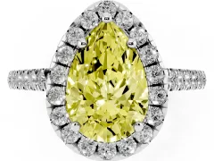 Fancy Yellow Pear Cut Diamond Pavé Halo Engagement Ring Set in White gold with Pavé Band and Prong Setting