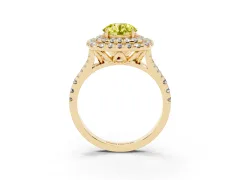 Fancy Yellow Round Cut Diamond Double Halo Ring Set in Yellow gold with Pavé Split Shank and Prong Setting