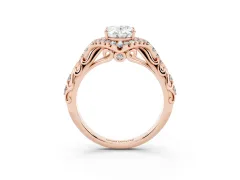 Oval Cut Diamond Solitaire Ring Set in Rose gold with Hidden Halo and Pavé Band