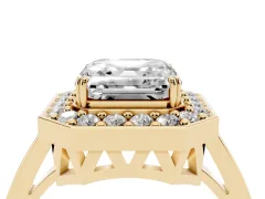 Asscher Cut Diamond Halo Ring Set in Yellow gold with Accent-Lined Split Shank and Prong Setting