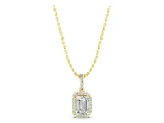 Emerald Cut Diamond Halo Pendant Set in Yellow gold with Prong-Set Center
