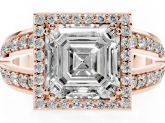 Asscher Cut Diamond Halo Ring Set in Rose gold with Double Pavé Split Shank