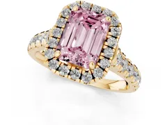 Fancy Pink Emerald Cut Diamond Halo Engagement Ring Set in Yellow gold with Pavé Band and Prong-Set Center