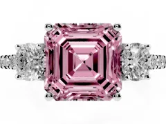 Fancy Pink Asscher Cut Diamond Three-Stone Ring Set in Silver with Pavé Band and Graduated Sides