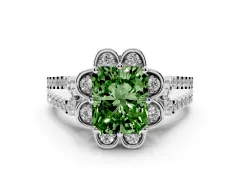Fancy Green Radiant Cut Diamond Floral Halo Split Shank Engagement Ring Set in Platinum with Pavé Shank