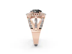 Fancy Black Oval Cut Diamond Double Halo Ring Set in Rose gold with Round Pavé Split Shank