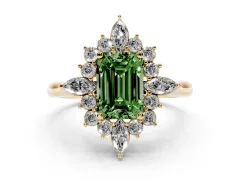 Fancy Green Emerald Cut Diamond Cluster Halo Ring Set in Yellow gold with Marquise and Round Accents