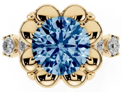 Fancy Blue Round Cut Diamond Floral Halo Ring Set in Yellow gold with Shared Prong Band