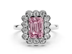Fancy Pink Emerald Cut Diamond Halo Cluster Engagement Ring Set in Platinum with Solitaire Band and Prong Setting