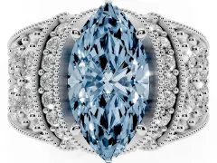 Fancy Blue Marquise Cut Diamond Milgrain Halo Pavé Engagement Ring Set in White gold with Prong Setting