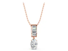 Oval and Baguette Diamond Drop Pendant Set in Rose gold with Baguette-Accented Bail