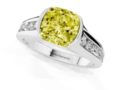 Fancy Yellow Cushion Cut Diamond Bezel-Set Solitaire Ring Set in Platinum with Channel-Set Band