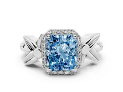 Fancy Blue Radiant Cut Diamond Halo Floral Band Ring Set in Silver with Prong Setting